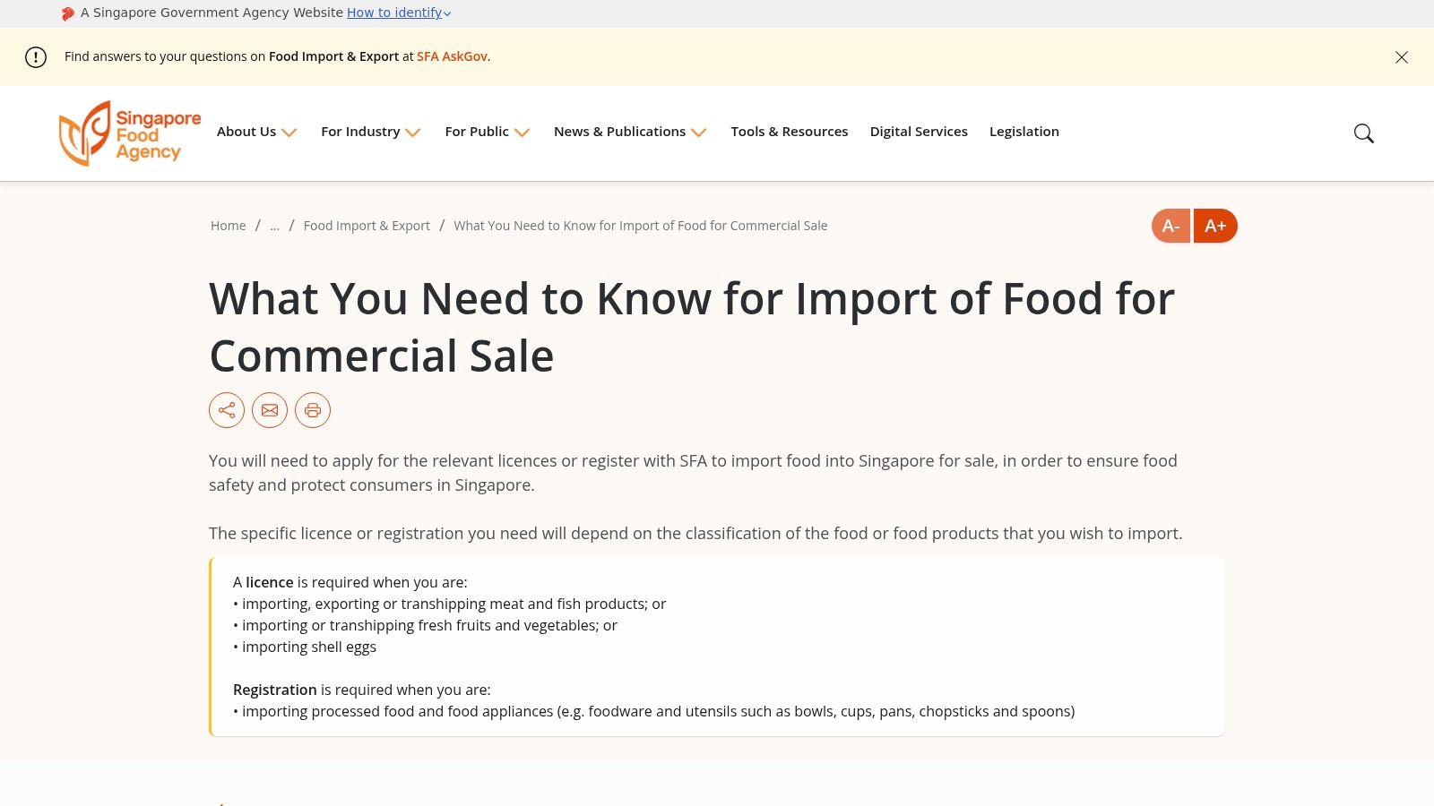 SFA (Singapore Food Agency) resources and registers