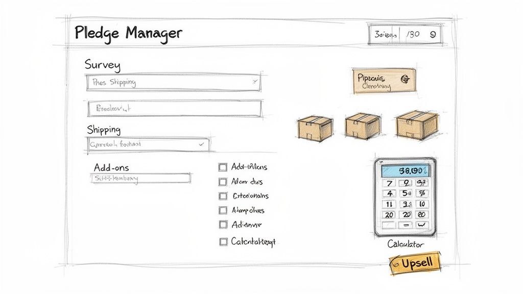 Hand-drawn sketch of a 'Pledge Manager' interface showing survey, shipping, add-ons, and a calculator.