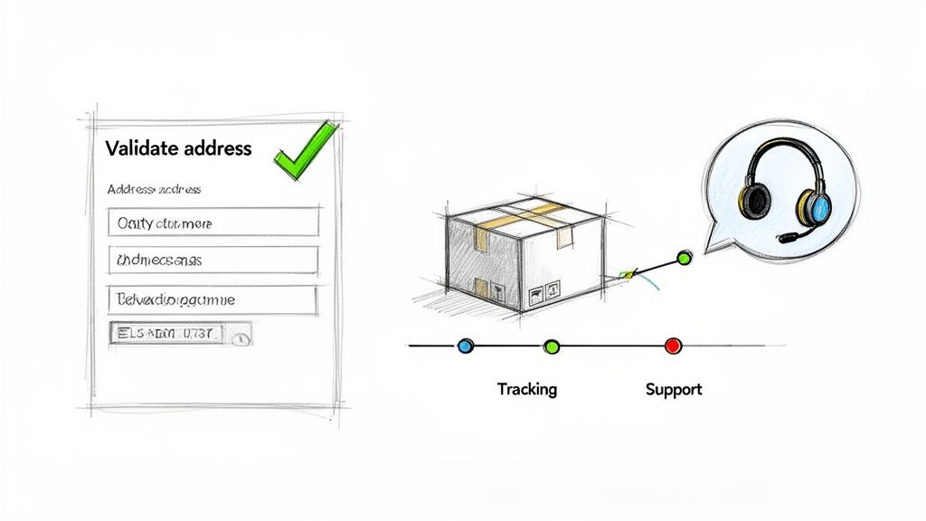 Illustration of address validation, package tracking, and customer support processes for delivery.