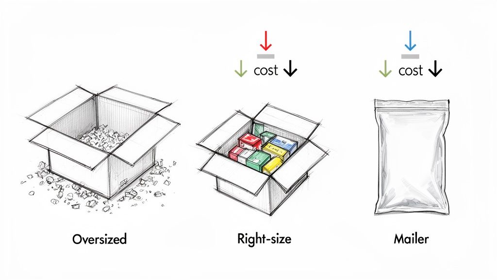 Comparison of oversized, right-size box, and mailer packaging for shipping cost efficiency.