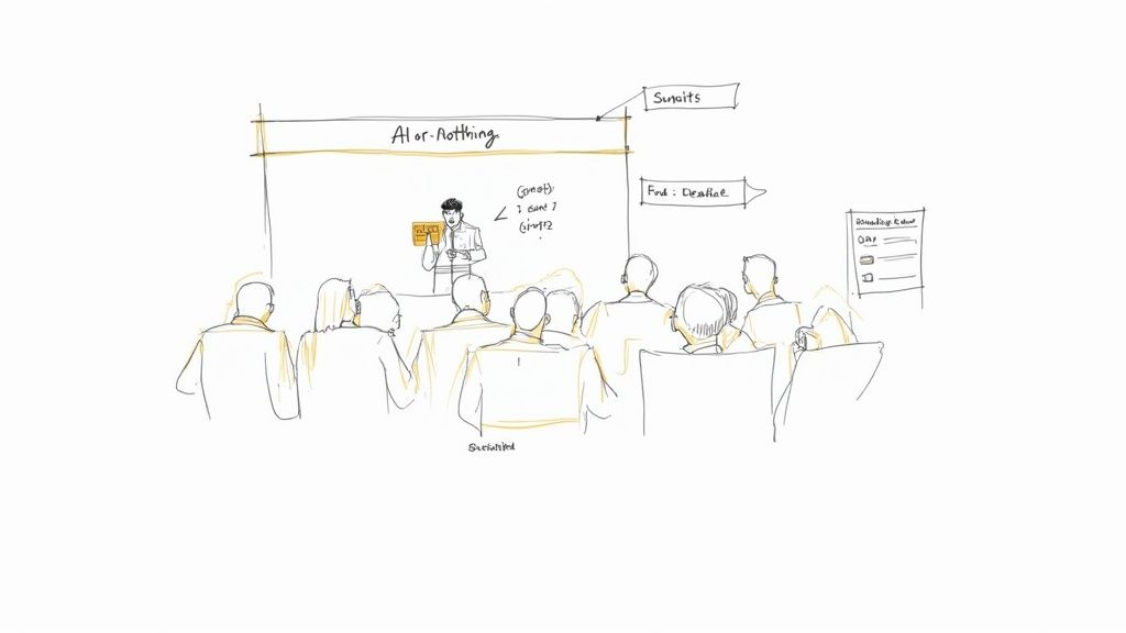 A speaker presents 'AI or Nothing' to an audience, with notes on deadlines and success.