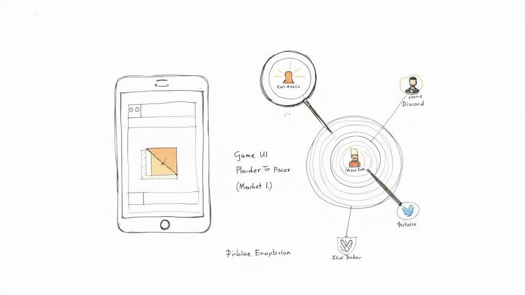 Sketch illustrating a game development ecosystem with mobile UI, creator, assets, Discord, and Twitter.