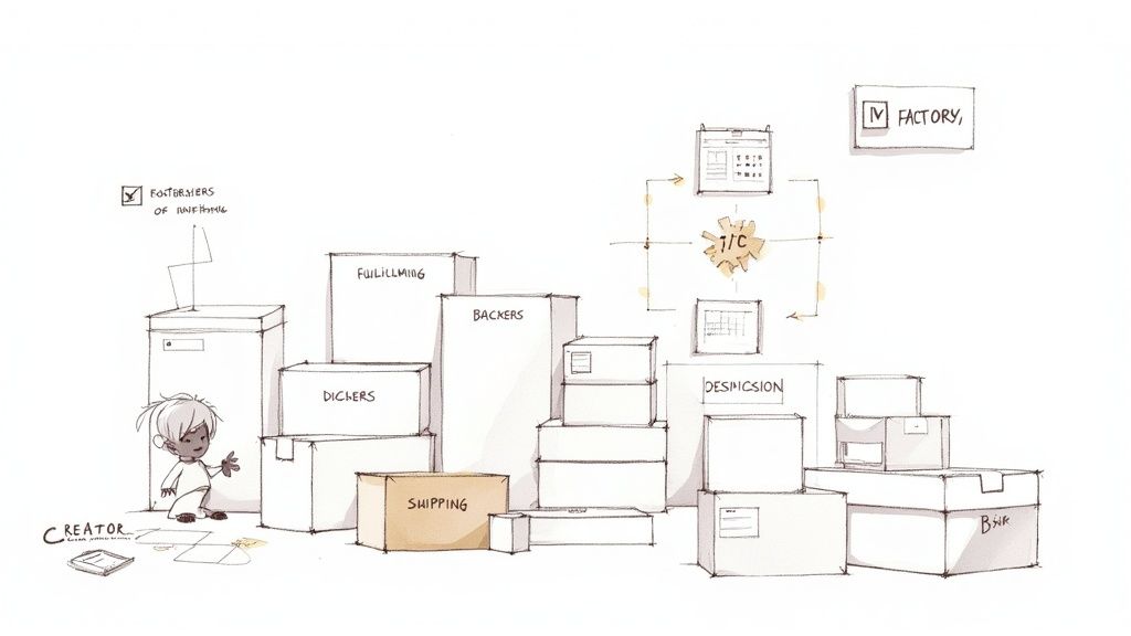 An illustrated diagram of a creator overseeing product fulfillment boxes, from backers to shipping and factory.