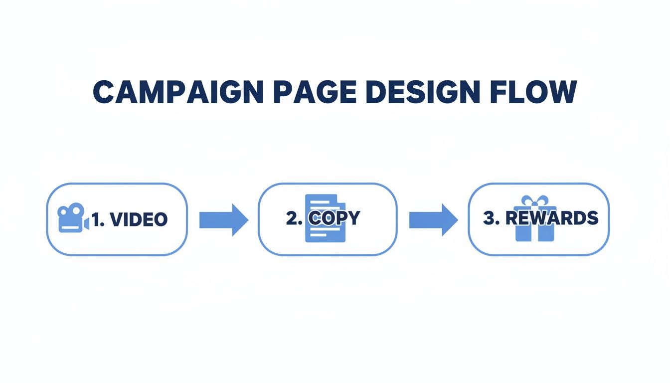 Flowchart detailing campaign page design, featuring steps for video production, copy creation, and reward distribution.