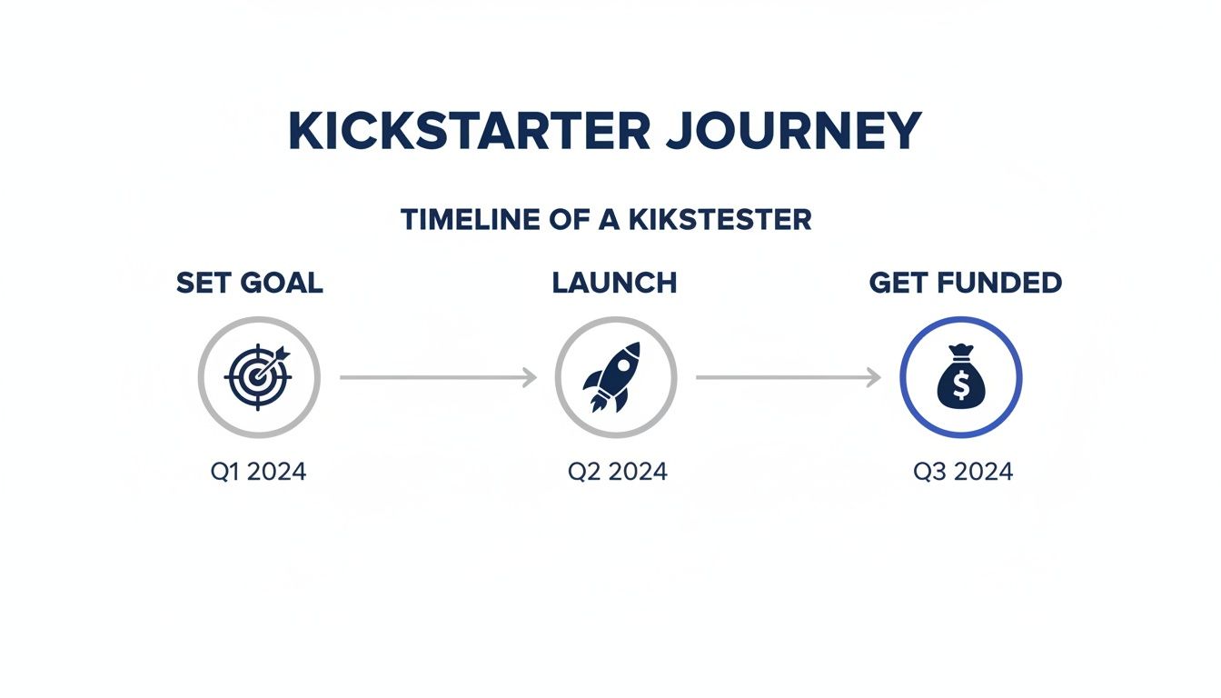 Infographic detailing the Kickstarter campaign journey with goal setting, launch, and funding stages.