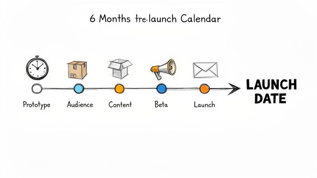 A hand-drawn 6-month pre-launch calendar timeline with icons for Prototype, Audience, Content, Beta, and Launch phases.