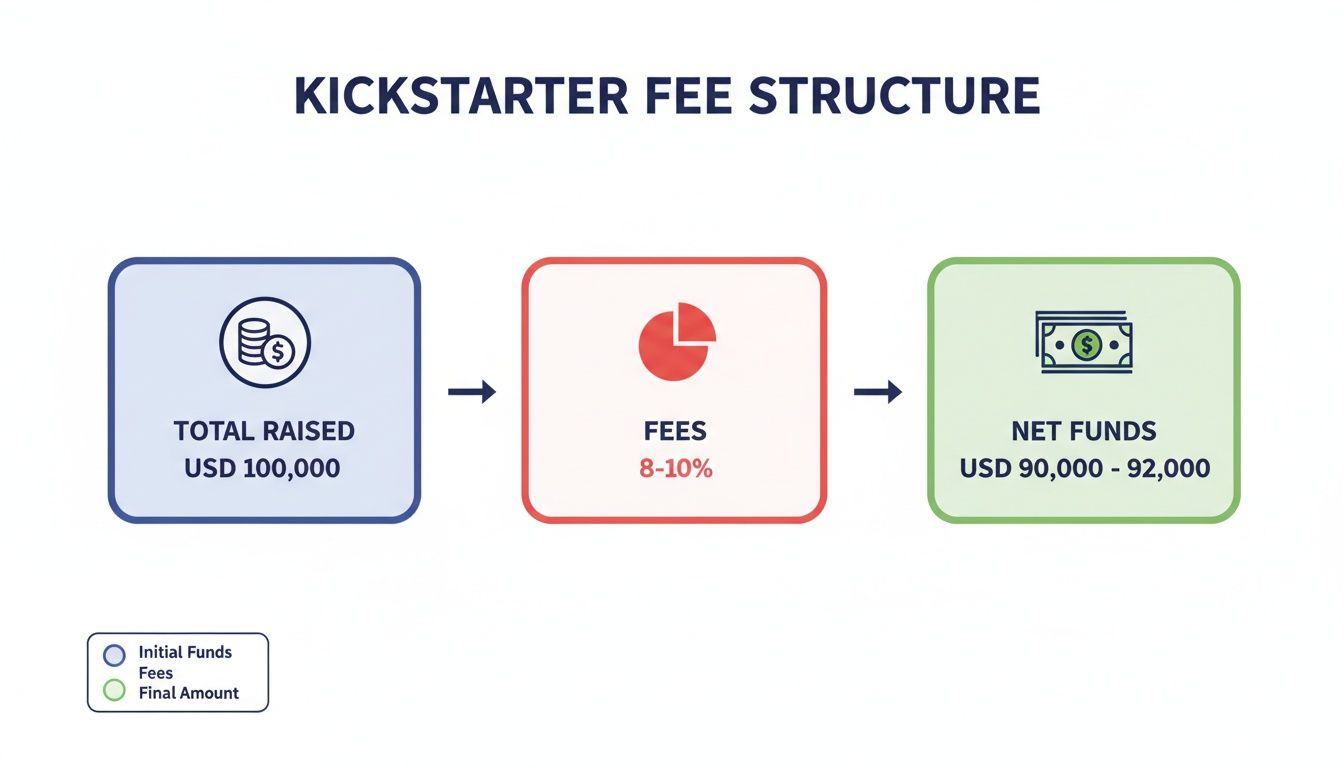 Infographic illustrating Kickstarter's fee structure, showing total funds raised, percentage fees, and net amount.