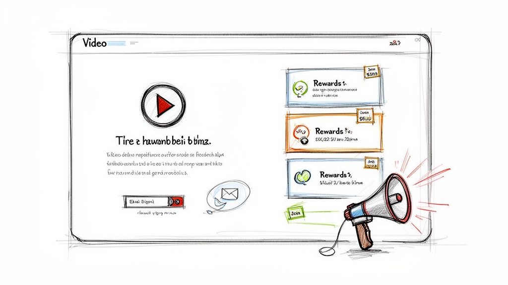 Hand-drawn sketch of a video player interface with reward boxes, email signup, and a megaphone.
