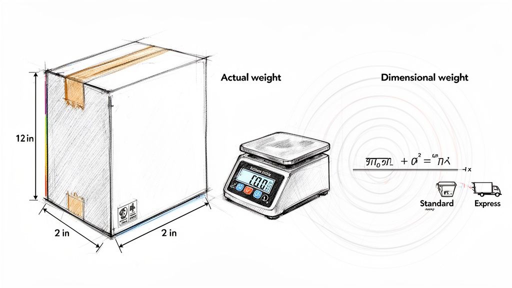 A diagram contrasting actual weight (box and scale) with dimensional weight (formula) for shipping.