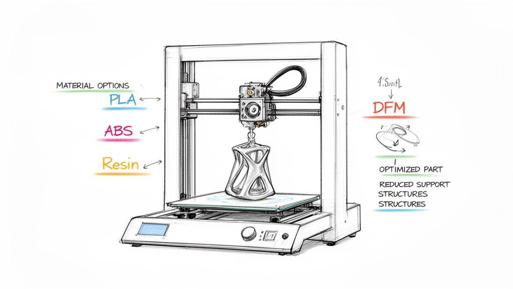 Detailed sketch of a 3D printer showing material options like PLA, ABS, Resin, and design optimization concepts.