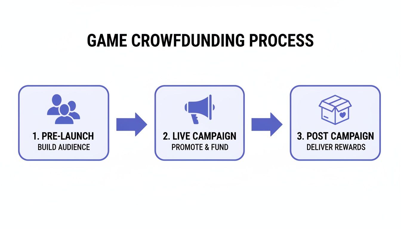 Game crowdfunding process infographic detailing pre-launch, live campaign, and post campaign stages with icons.