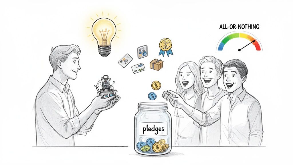 An inventor presents his idea, a small robot, to people making pledges into a jar, depicting a crowdfunding campaign.