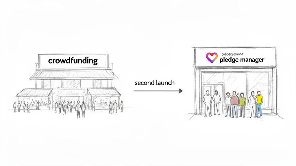 A sketch illustrating the transition from a bustling crowdfunding campaign to a focused pledge manager via a second launch.