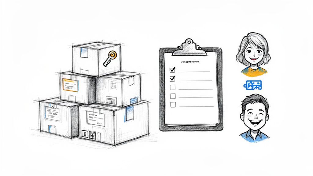 Hand-drawn illustration depicting stacked boxes with a key, a checklist on a clipboard, and smiling user profiles, representing project management.