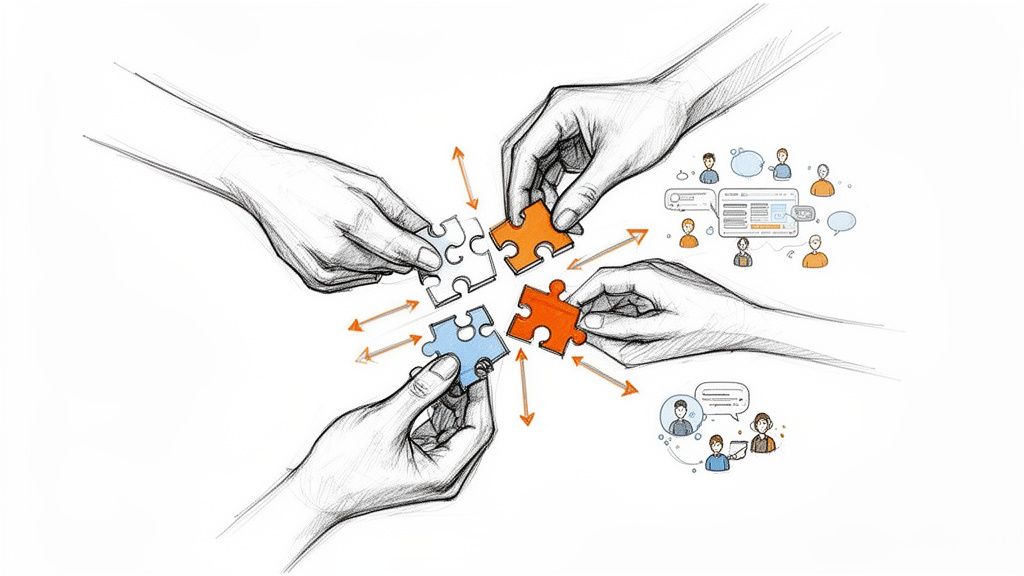 Four hands connecting colorful puzzle pieces, symbolizing teamwork, collaboration, and digital communication.