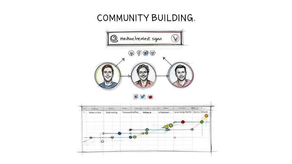 A hand-drawn diagram illustrating community building with user profiles, social connections, and a data chart.