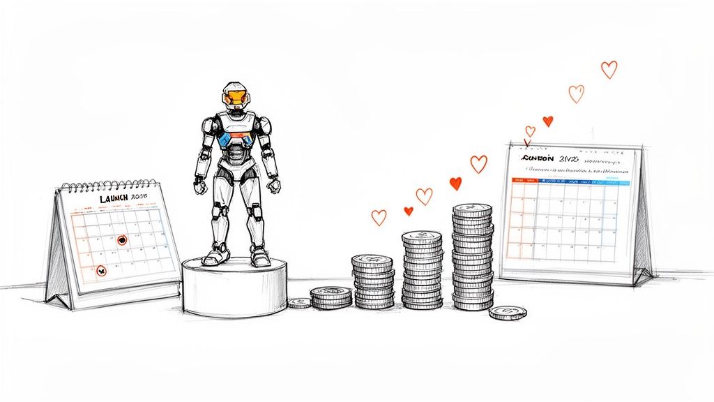A sketch illustrating a robot on a pedestal, calendars, increasing coin stacks, and floating hearts.