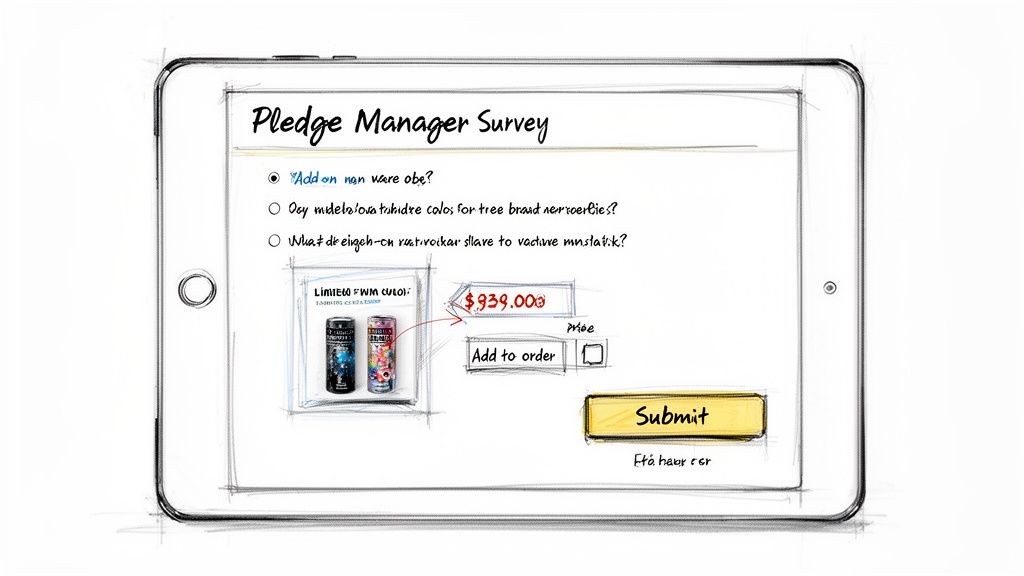 A hand-drawn sketch of a tablet displaying a Pledge Manager Survey with product selection and a submit button.