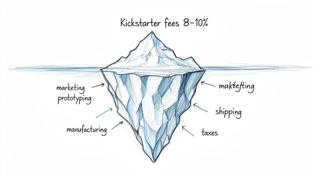 Iceberg diagram showing Kickstarter fees (8-10%) above water, and hidden project costs like marketing, prototyping, manufacturing, shipping, and taxes below.