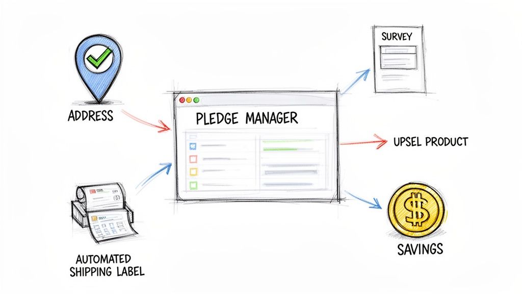 Diagram showing a pledge manager system processing addresses and shipping labels, leading to surveys, upsells, and savings.