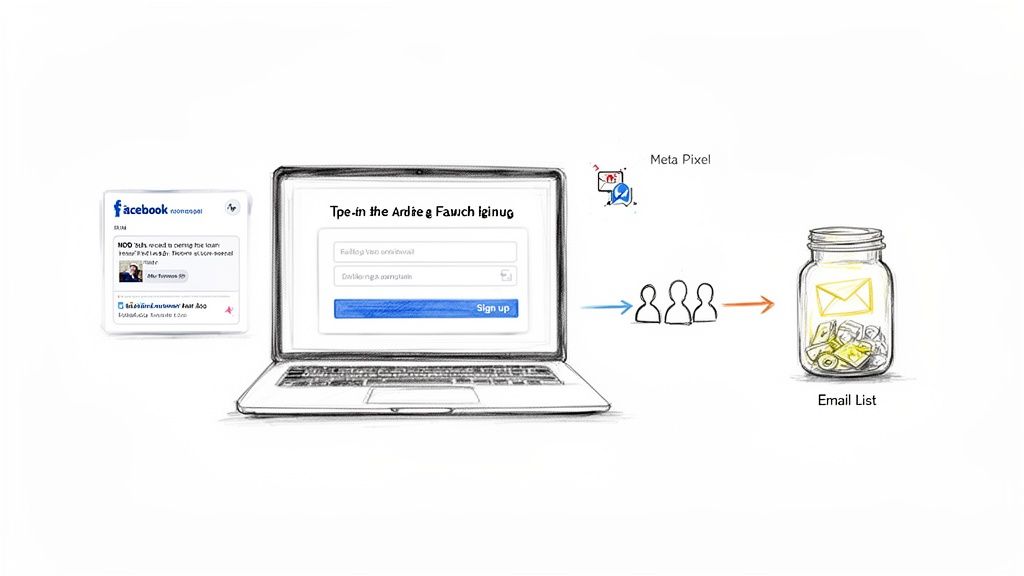 Diagram showing Facebook ads leading to a laptop signup form, tracked by Meta Pixel, to build an email list.
