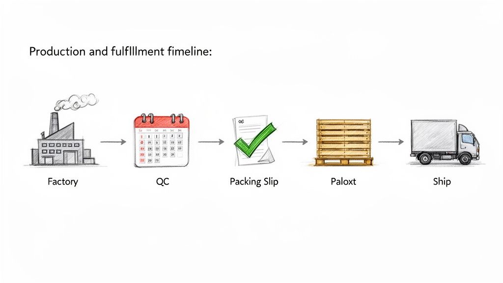 A production and fulfillment timeline showing steps from factory to QC, packing, palletizing, and shipping.