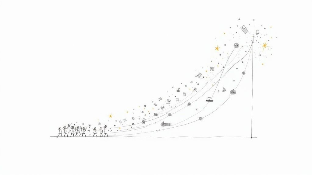 Illustration of people launching ideas and digital content upwards along a curved, starry path.