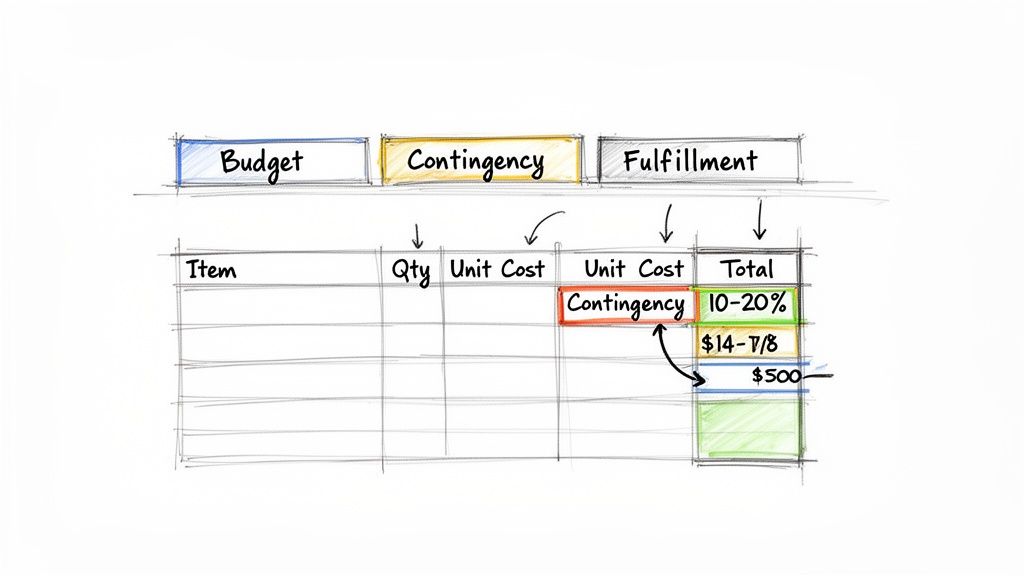 Hand-drawn budget spreadsheet illustrating expense categories, unit costs, and contingency planning with overview boxes.