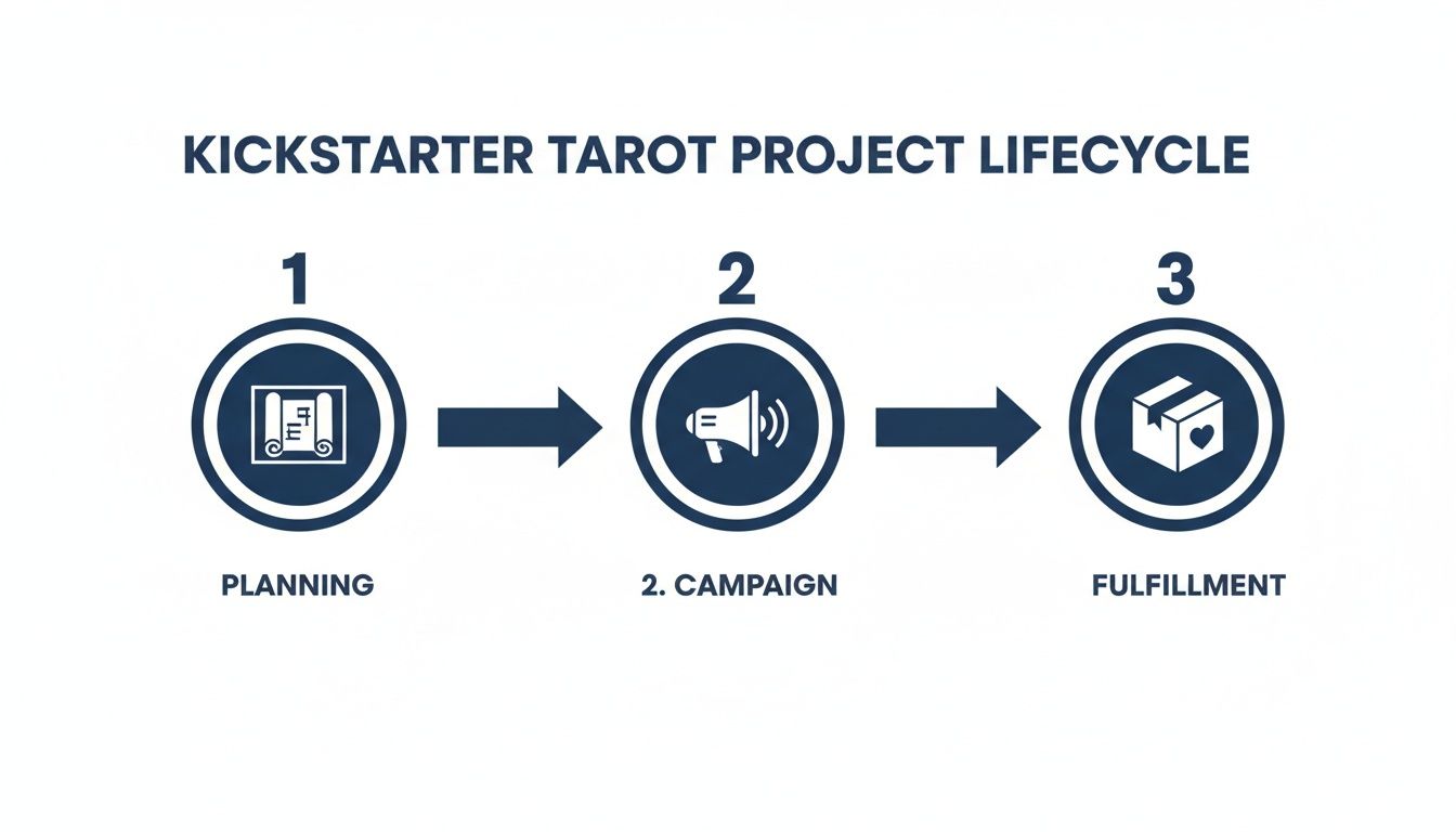 A three-step diagram illustrating the Kickstarter Tarot project lifecycle: Planning, Campaign, and Fulfillment.