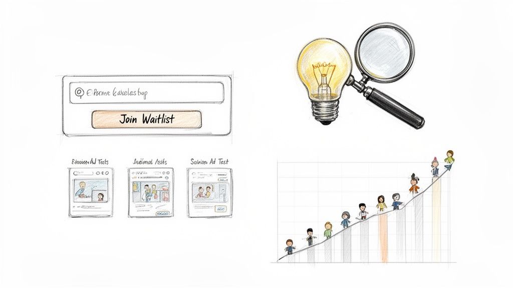 Sketches showing waitlist signup, ideas, ad tests, and a chart illustrating product growth.