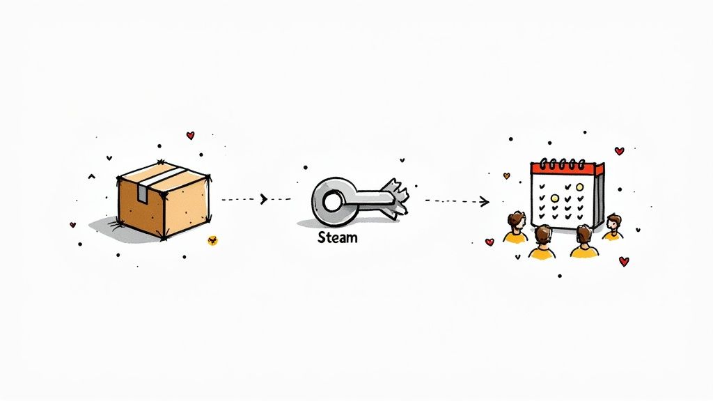 A box, a Steam key, and a calendar with people, illustrating a video game release.