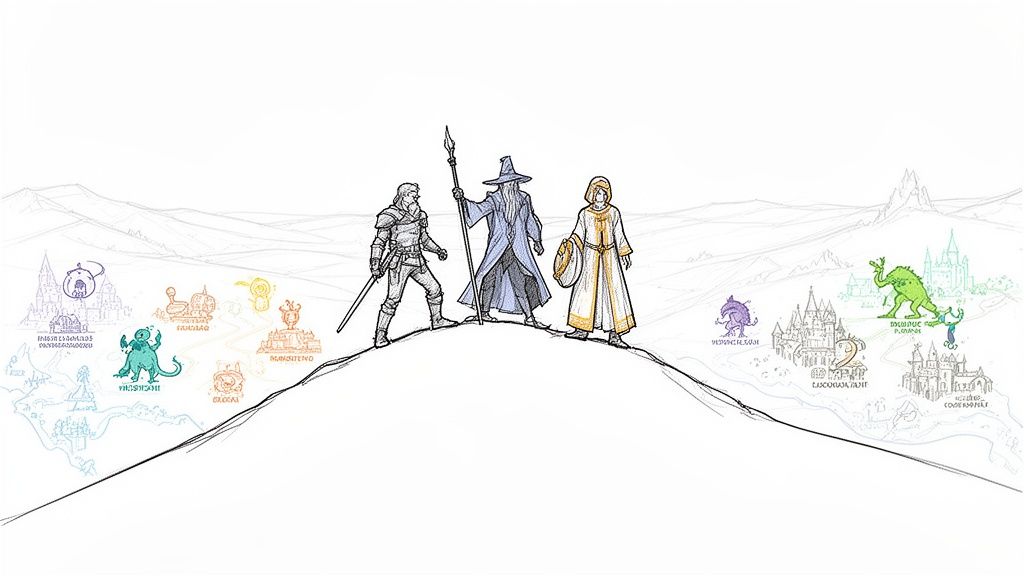 Three fantasy heroes stand on a hill overlooking a vibrant, whimsical map with colorful creatures and buildings.