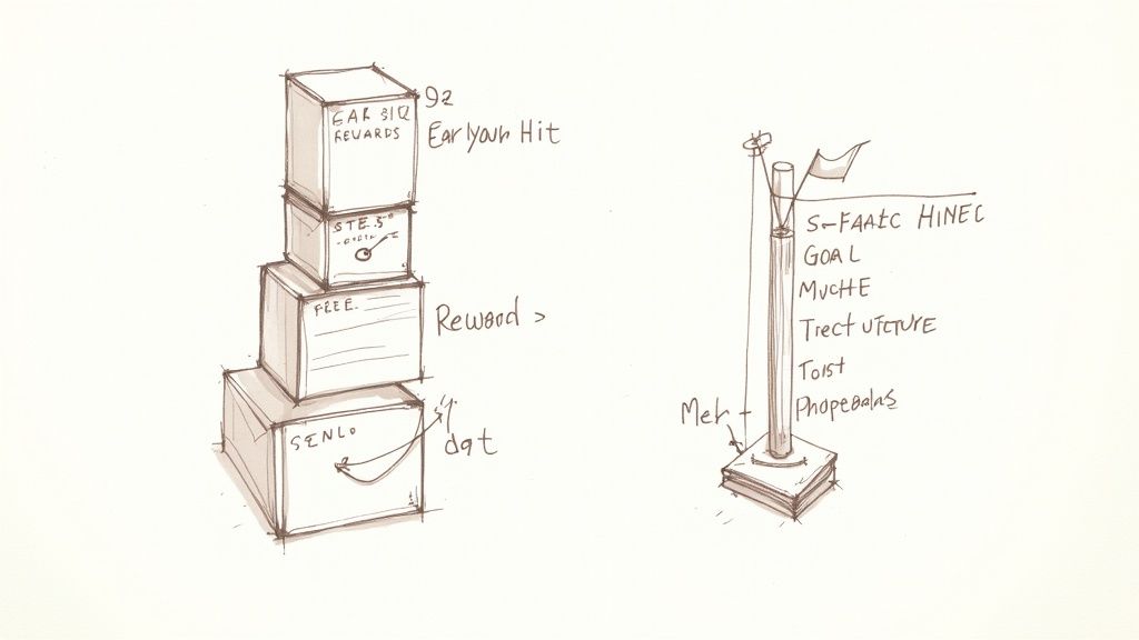 Rough sketch of reward boxes and a goal pole with various labels and text.
