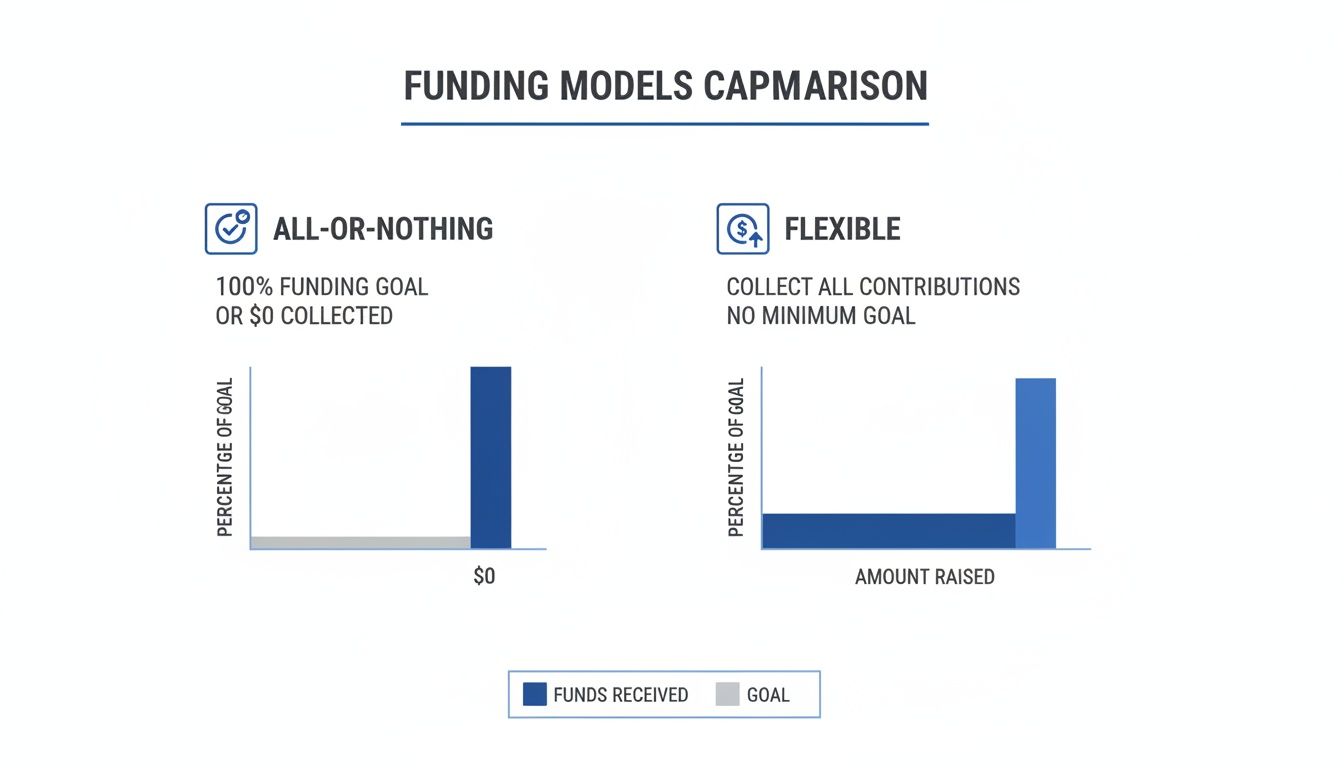 Comparison of All-or-Nothing and Flexible funding models with illustrative bar charts.