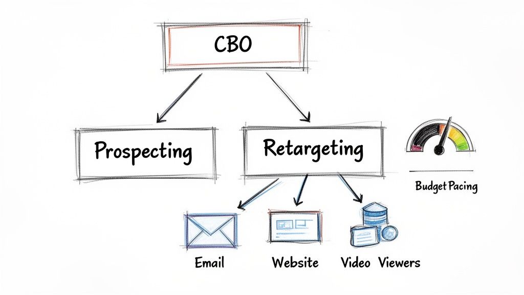 A flowchart illustrating CBO Facebook ad strategies, dividing into prospecting and retargeting with audience types like email, website, and video viewers. Also shows budget pacing.