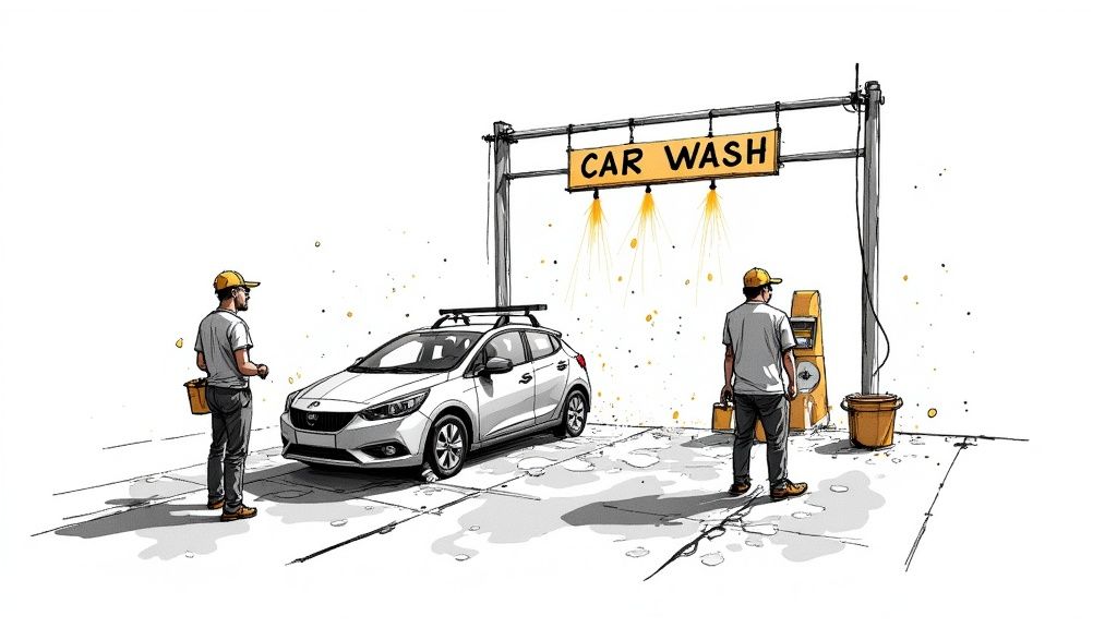 Sketch illustration of a car wash with a white car and two workers wearing yellow caps.