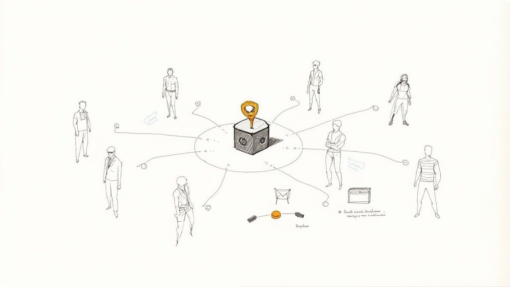 A conceptual network diagram illustration featuring a central cube with a golden key, connected to several stylized people.