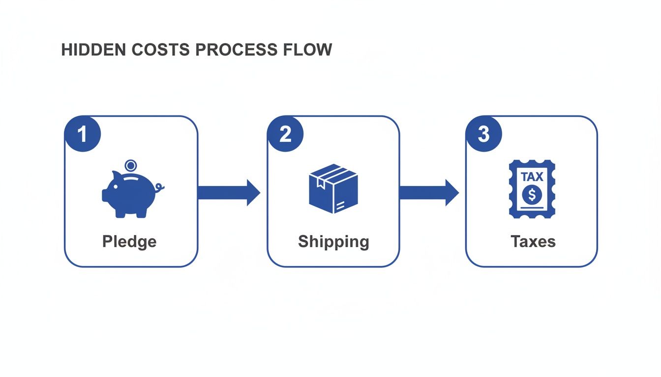A flowchart illustrating the hidden costs process, showing pledge, shipping, and taxes as steps.