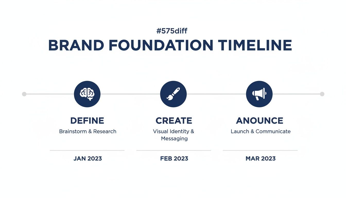 A brand foundation timeline detailing three stages: Define (brainstorm), Create (visual identity), and Announce (launch) for Q1 2023.