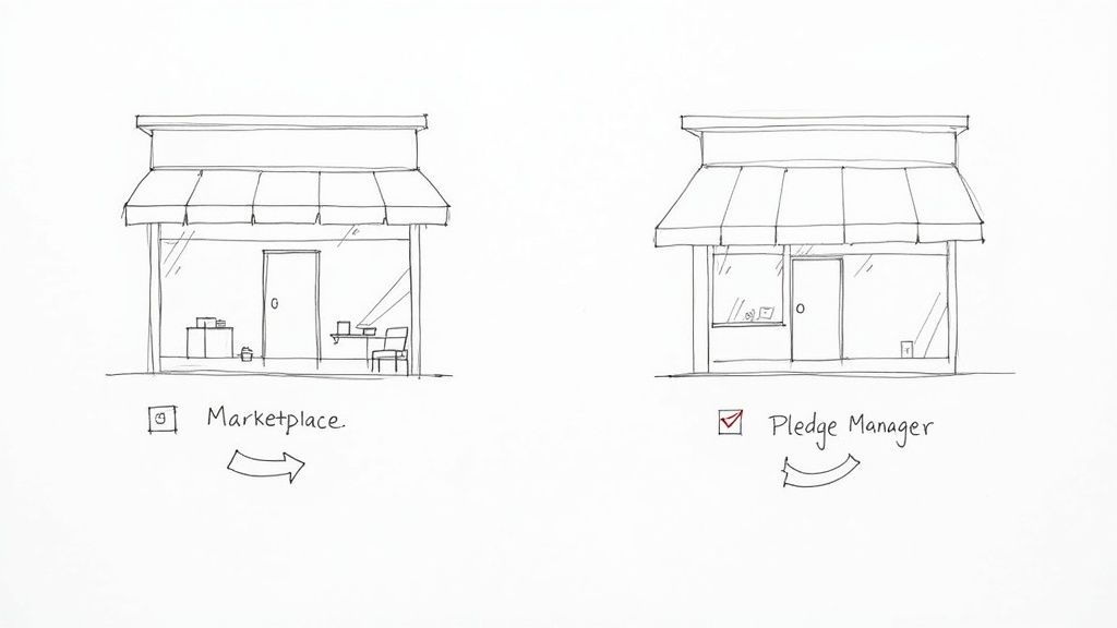Hand-drawn comparison of a Marketplace storefront and a Pledge Manager storefront with directional arrows.