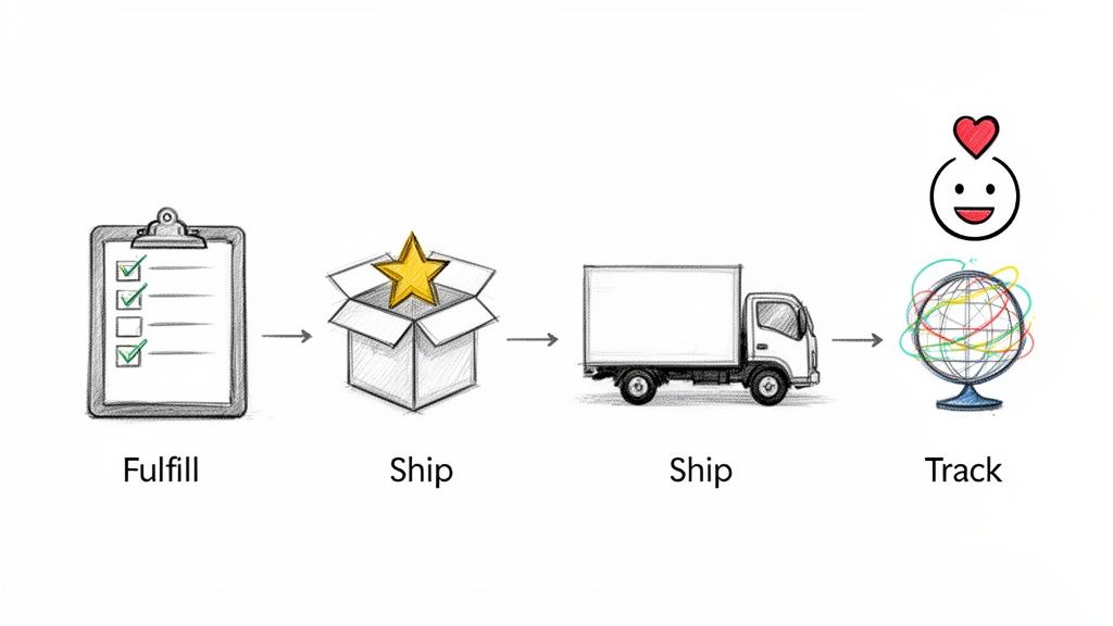 A four-step illustration showing order fulfillment, packaging, shipping via truck, and global tracking.