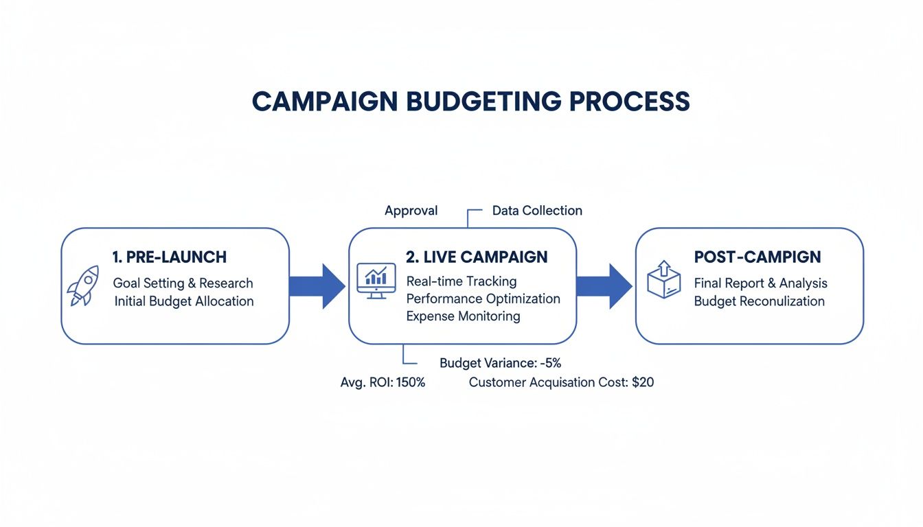 Flowchart illustrating the campaign budgeting process, detailing pre-launch, live campaign, and post-campaign stages with key metrics.