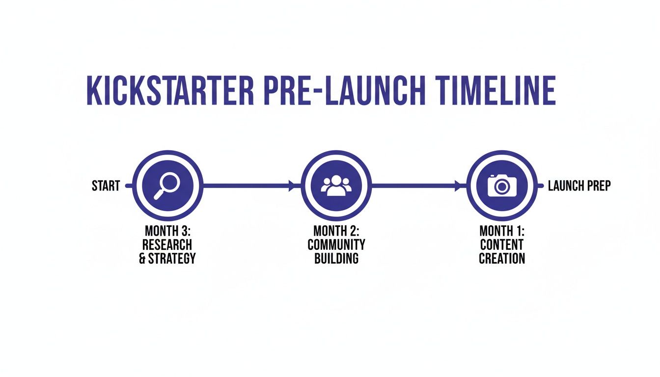Kickstarter pre-launch timeline showing three months: research, community building, and content creation phases.
