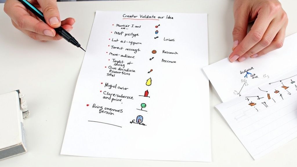A person's hands writing a business idea validation list with small illustrations on white paper.