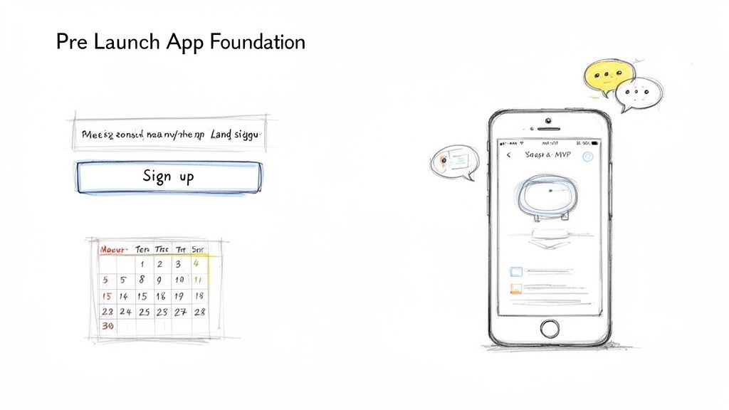 Hand-drawn app foundation sketches showing sign-up, calendar, and a mobile interface with Saas & MVP.