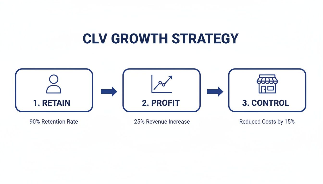 CLV Growth Strategy diagram showing three steps: Retain, Profit, and Control with metrics.