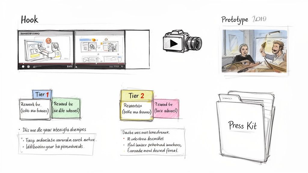 Sketches illustrating a project with a 'Hook', 'Prototype 2019', reward tiers, and a 'Press Kit'.