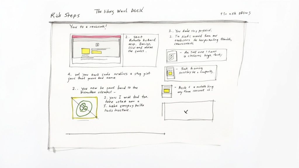 Hand-drawn sketch of a 'Word Deck' game concept with UI elements and handwritten notes.