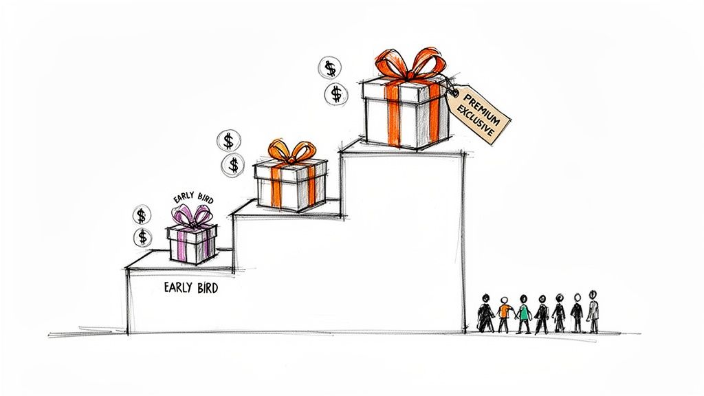 Illustration of a reward-based crowdfunding campaign showing early bird, standard, and premium tiers with increasing prices and a waiting crowd.