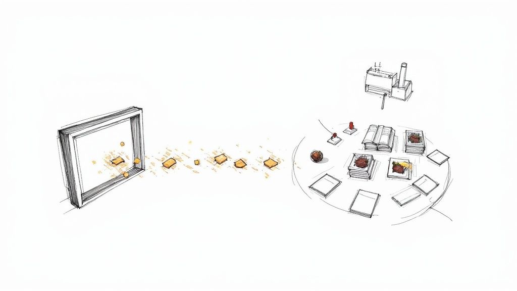 A conceptual illustration showing information flowing from a screen into physical books on a table.